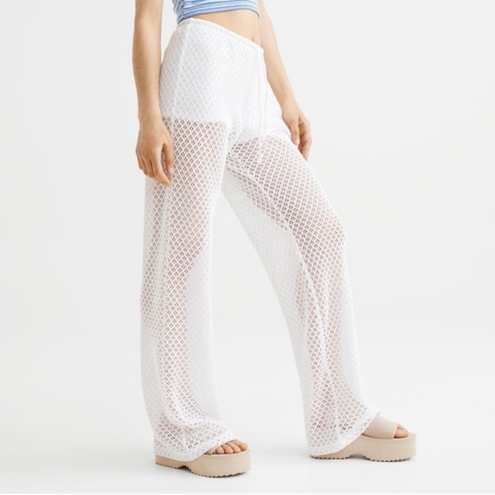 White coverup open knit wide leg pants